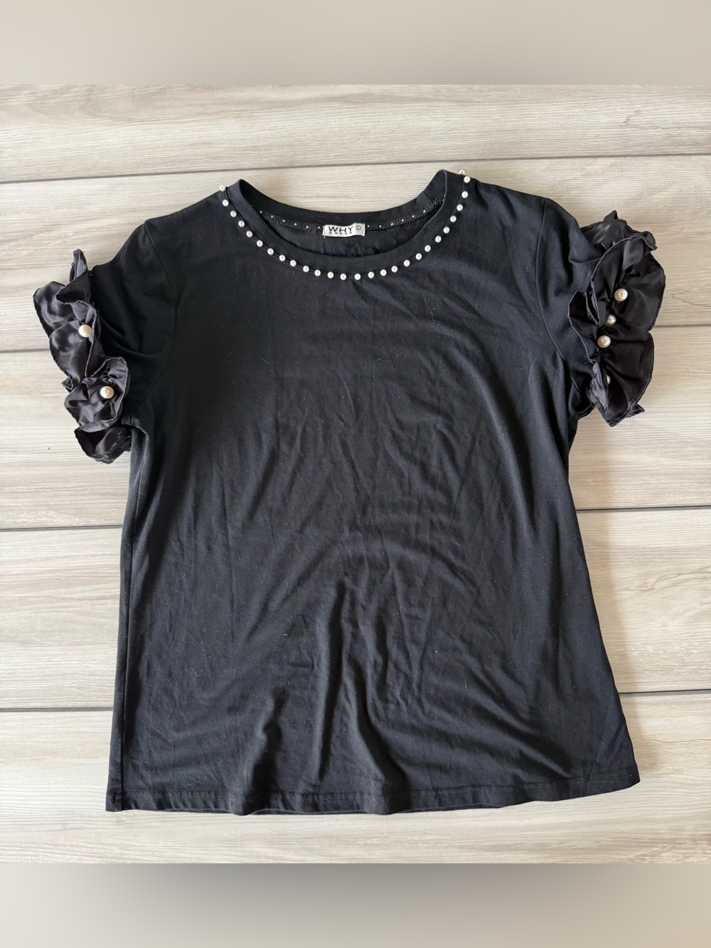 WHY Dress Top with Pearl Trim Black Large EUC